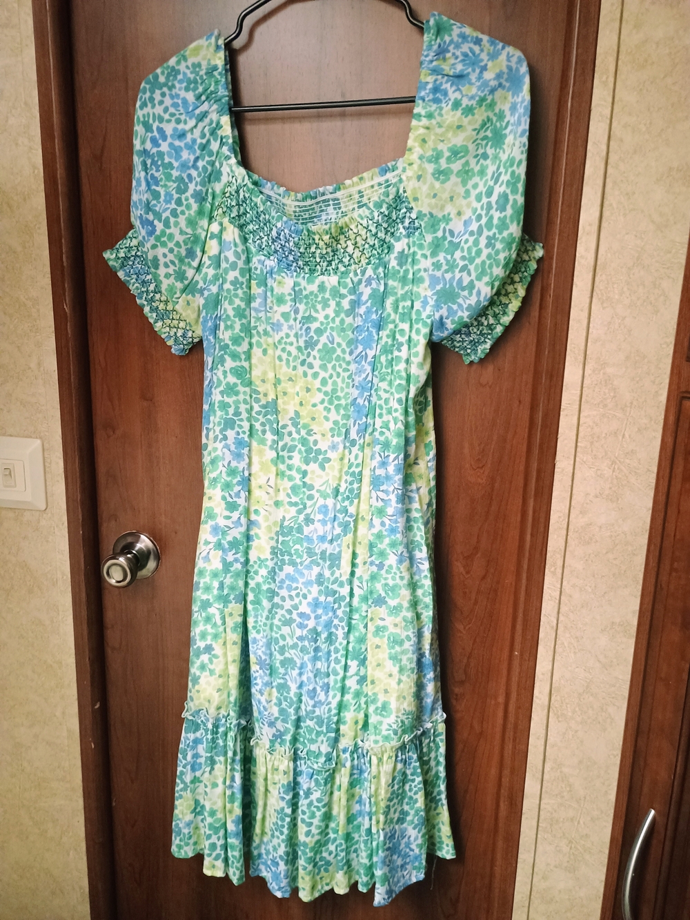 Smocked Square-Neck Maxi Dress in Blue & Green